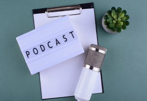 Podcast new episode concept with microphone